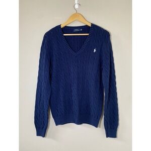 Polo Ralph Lauren Womens Navy Blue Cotton Cable Knit V-Neck Sweater XL Logo